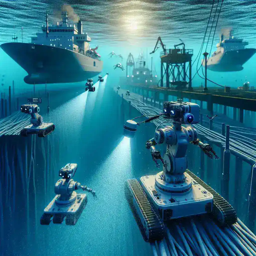 "Robots submarinos utilizados por empresas españolas para la inspección de infraestructuras portuarias en un entorno marino"